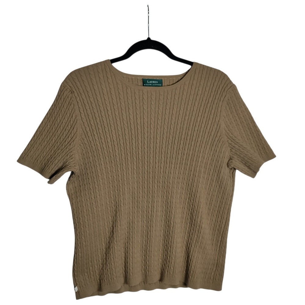 Lauren Ralph Lauren Womens 2X Tan Cable Knit Short Sleeve Sweater Scoop Neck